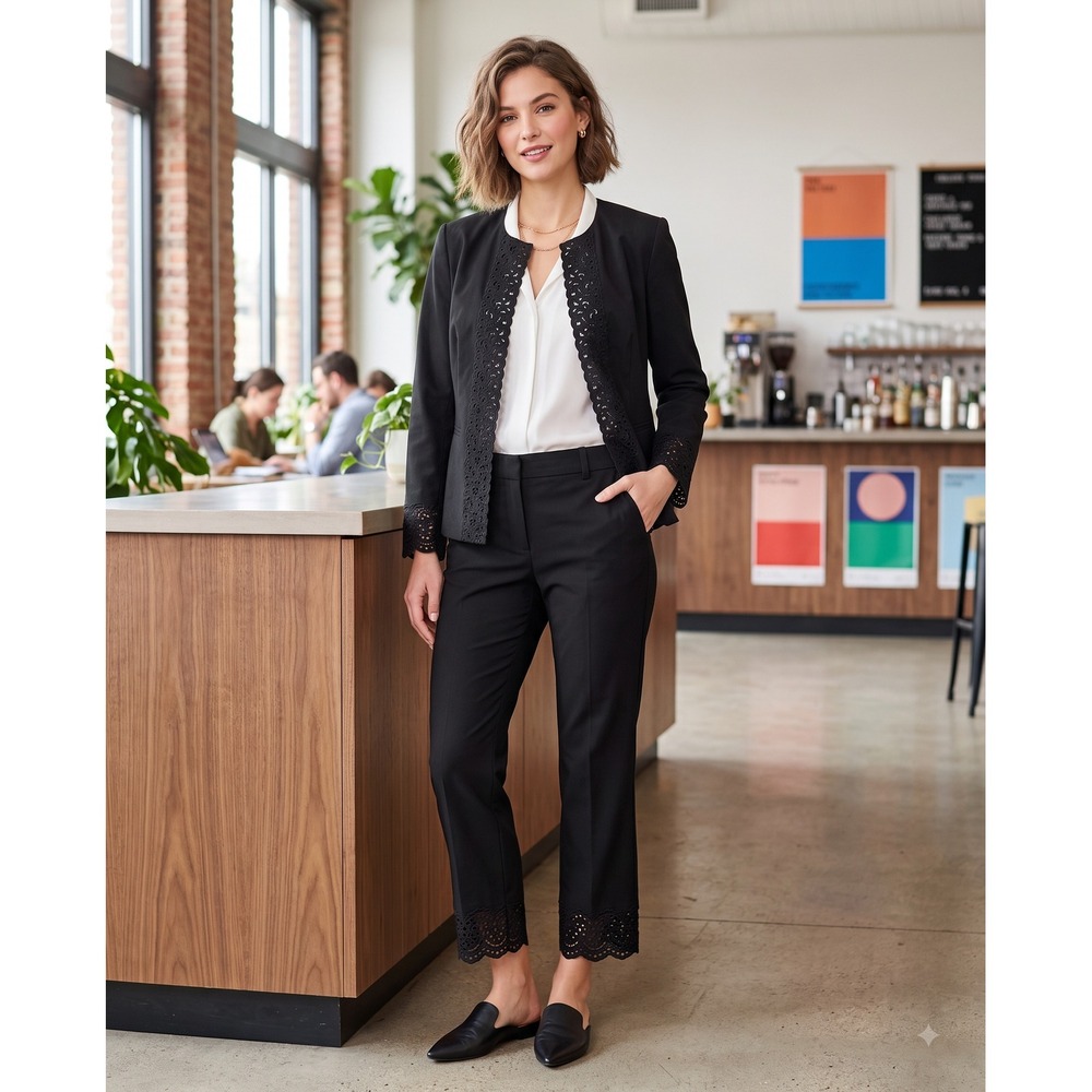 Jones New York Signature Black Eyelet Lace Open Jacket Crop Pant Suit Set Sz 8